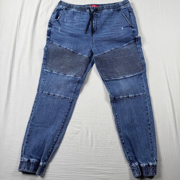 VTG GUESS Mens Blue Denim Jogger Pants Size L Moto Style Elastic Skater Grunge - Picture 2 of 7